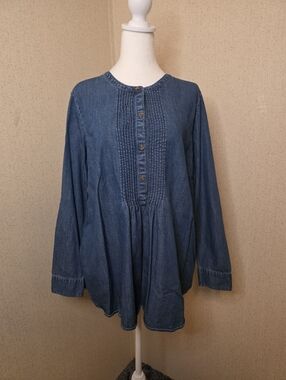 J.Jill Womens Indigo Blue Button Up Pull Over Pintucked Denim Tunic Top Blouse L